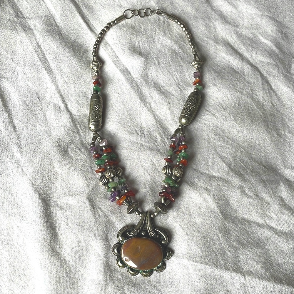 Multicolor Gemstone chip Necklace with pewter Accents